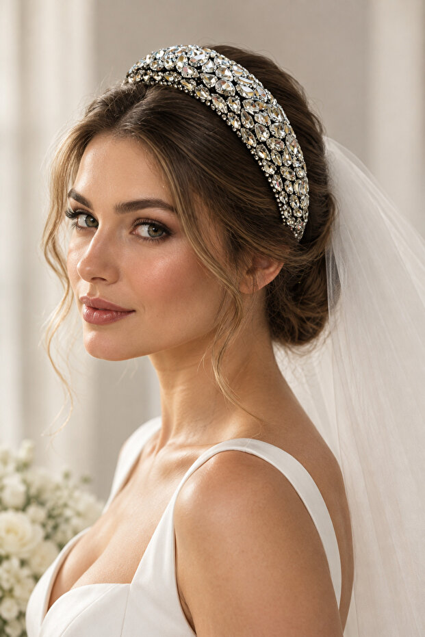 Bym Women's Silver Full Glass Stone Wide Bridal Hair Crown Hand Sewn Boxed Wedding Ceremony
