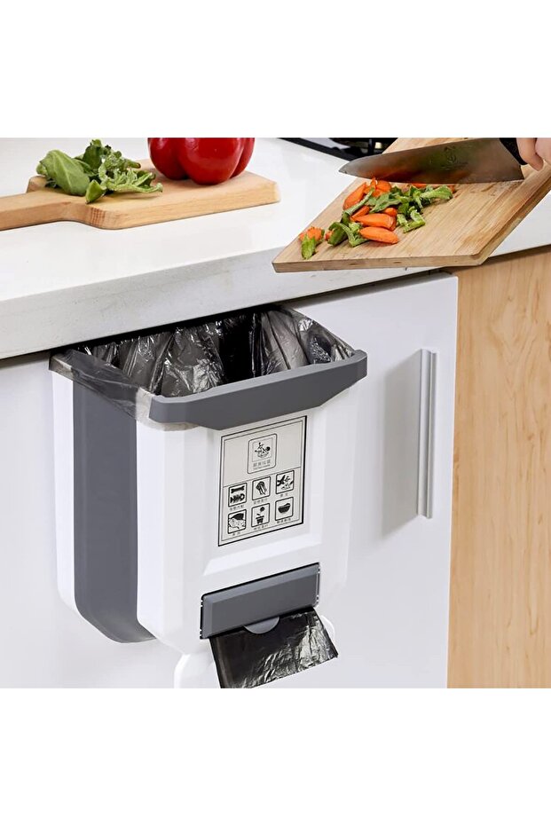 Hanging Kitchen Trash Can,2.4 Gallon Foldable Waste Bin for Cabinet,Car,and Bathroom,White