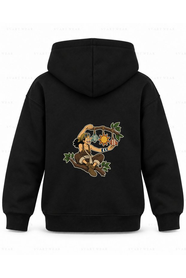 One Piece Usopp Denge Mobilesi Printed Black Children's Hooded Sweatshirt