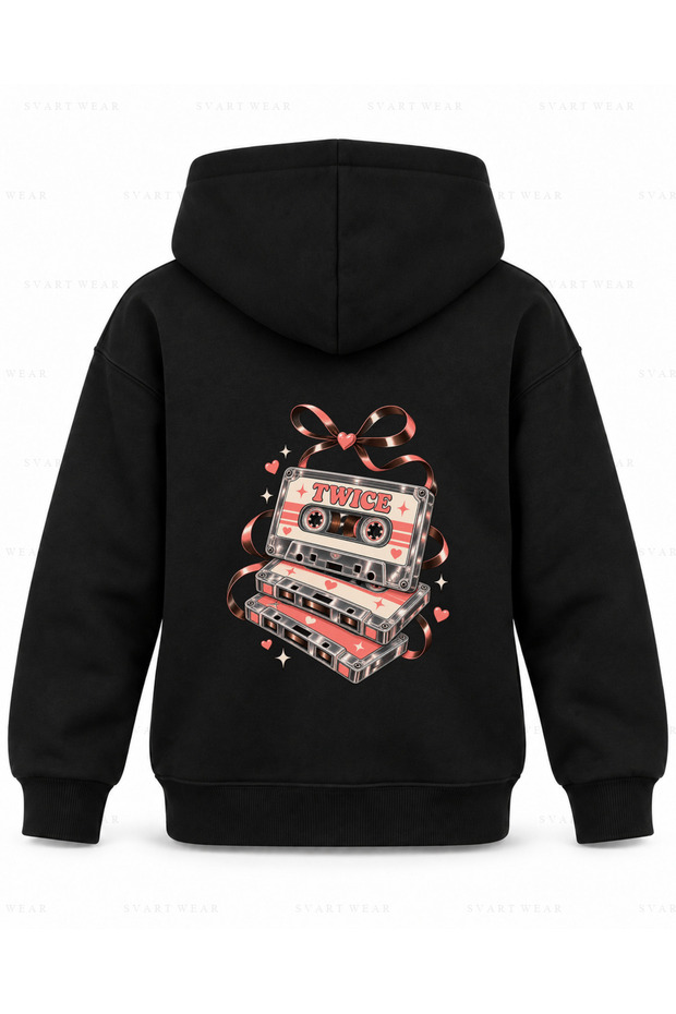 Twice Cassette Ladder Printed Black Children's Hooded Sweatshirt