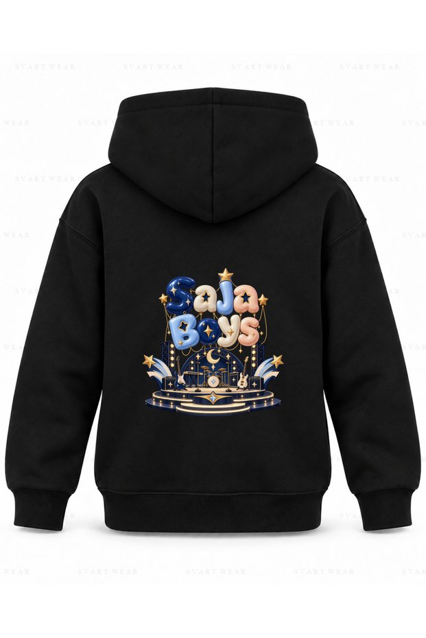 Saja Boys Balon Harfler Printed Black Children's Hooded Sweatshirt