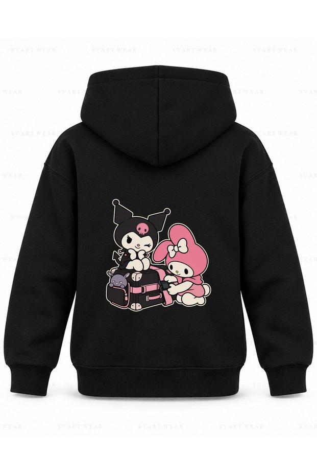 My Melody & Kuromi Suitcase Seat Printed Black Children's Hooded Sweatshirt