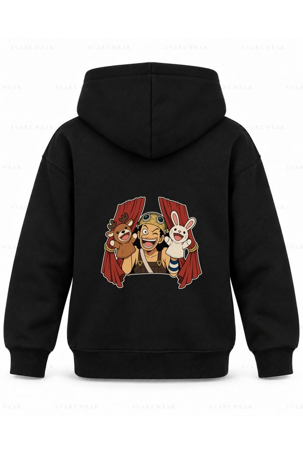 One Piece Puppet Curtain Printed Black Children's Hooded Sweatshirt