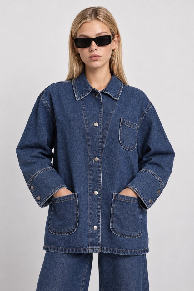 Pocket Detailed Oversize Denim Jacket Lby0086 Dark Blue
