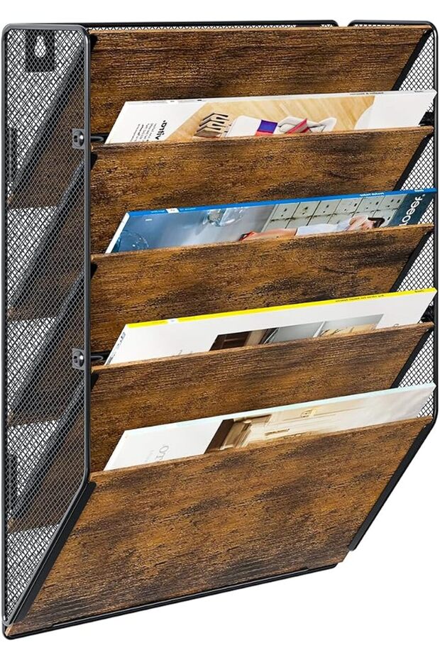 Wall File Organizer for Office, 5-Tier Rustic Hanging File holder Wall Srorage Rack for Literatu