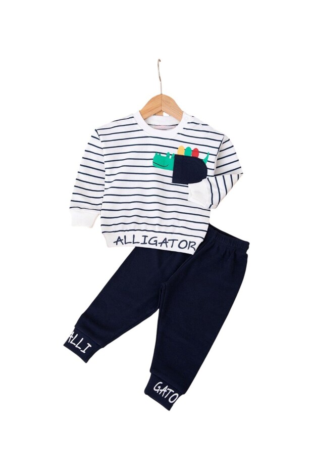 Baby Boy Seasonal Striped Crew Neck Long Sleeve Dinosaur Printed 100% Cotton Baby Set