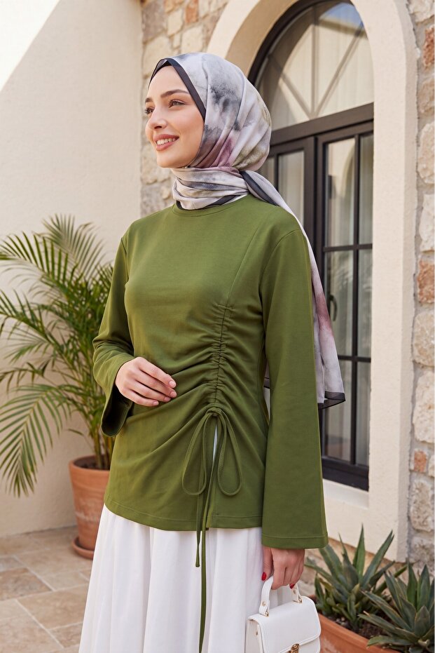 Asymmetrical Cut Lace Detailed Combed Cotton Sweatshirt -Khaki