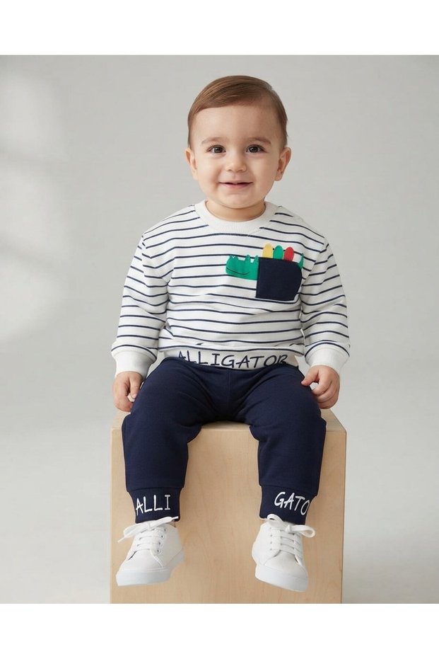 Baby Boy Seasonal Striped Crew Neck Long Sleeve Dinosaur Printed 100% Cotton Baby Set