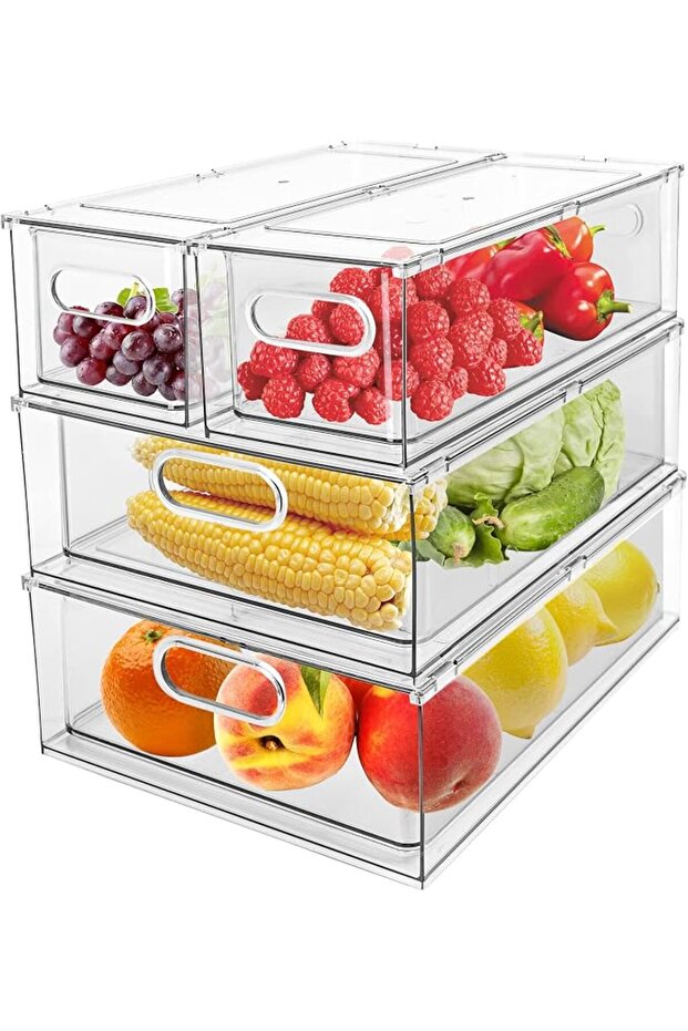 4 Pack Fridge Organizer Bins with Pull Out Drawer for Outside, Clear Stackable Refrigerator Drawer Organizer, Containers t