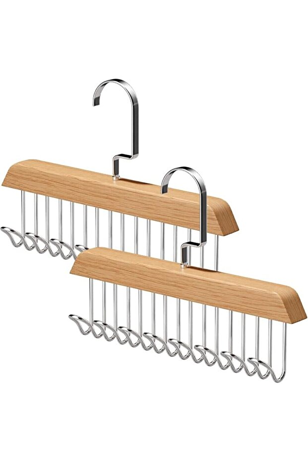 8 Hooks Tie Rack 2 Pack, Non-Slip Tie Belt Storage Hanger, Space Saving Hangers with 8 Hooks, Wooden