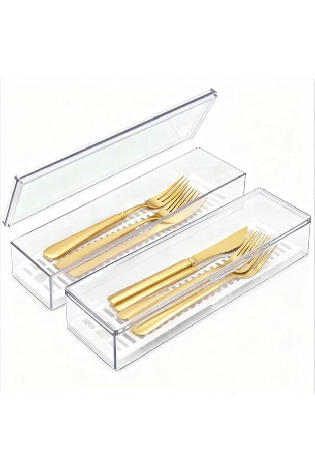 2 Pcs Clear Silverware organizer with lid, Plastic Flatware Storage Box, Kitchen Drawer Organizer tr