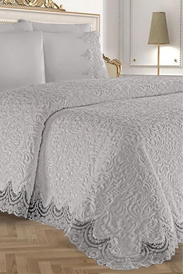 Double Gray Lace Blanket Set with Laces
