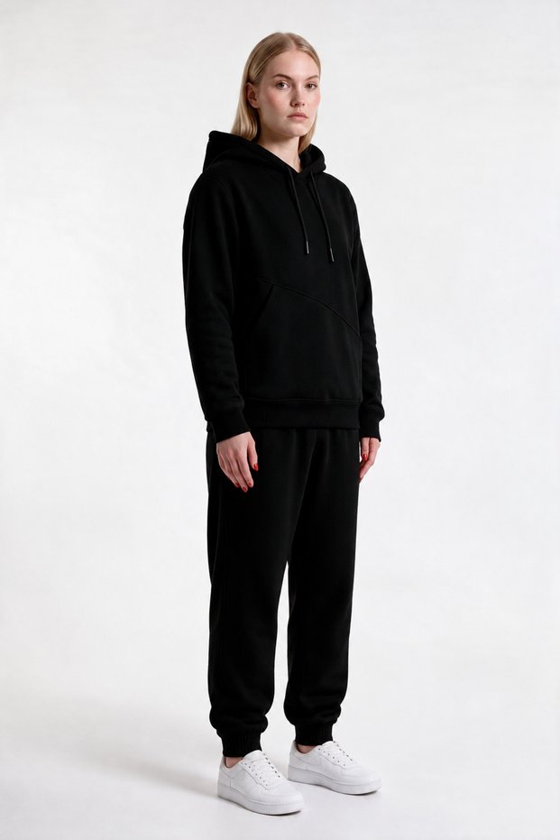 3 Thread Women's Black Tracksuit Set with Side Pockets (with Fleece Inside) Top-Bottom