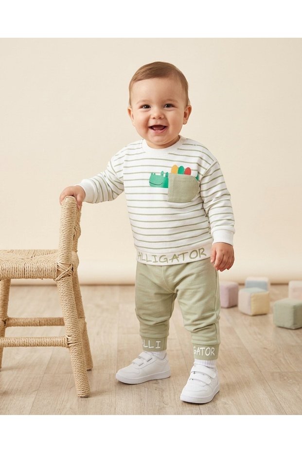 Baby Boy Seasonal Striped Crew Neck Long Sleeve Dinosaur Printed 100% Cotton Baby Set