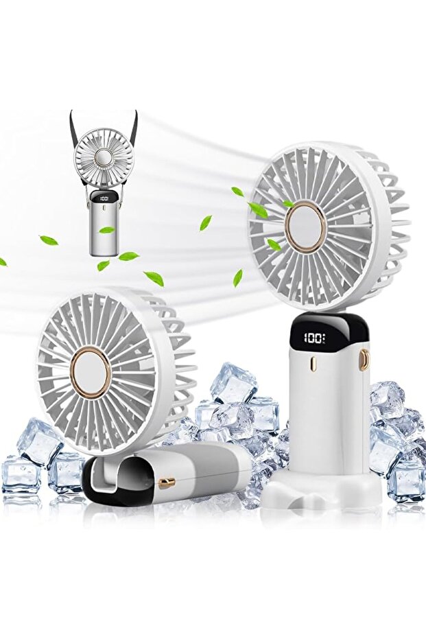 مروحة محمولة باليد، تعمل ببطارية 5000 مللي أمبير مع قاعدة، 5 سرعات، شاشة LED رقمية، محمولة باليد