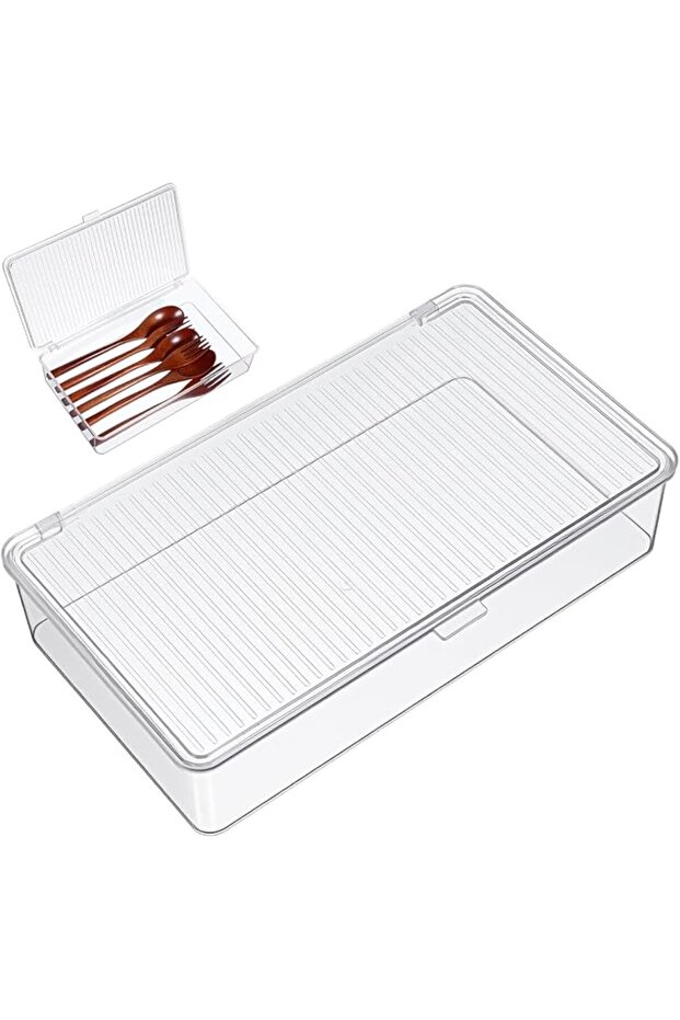Homesfo Transparent Plastic Cutlery Tray with Lid Kitchen Drawer Organizer Silverware Basket Storage Container