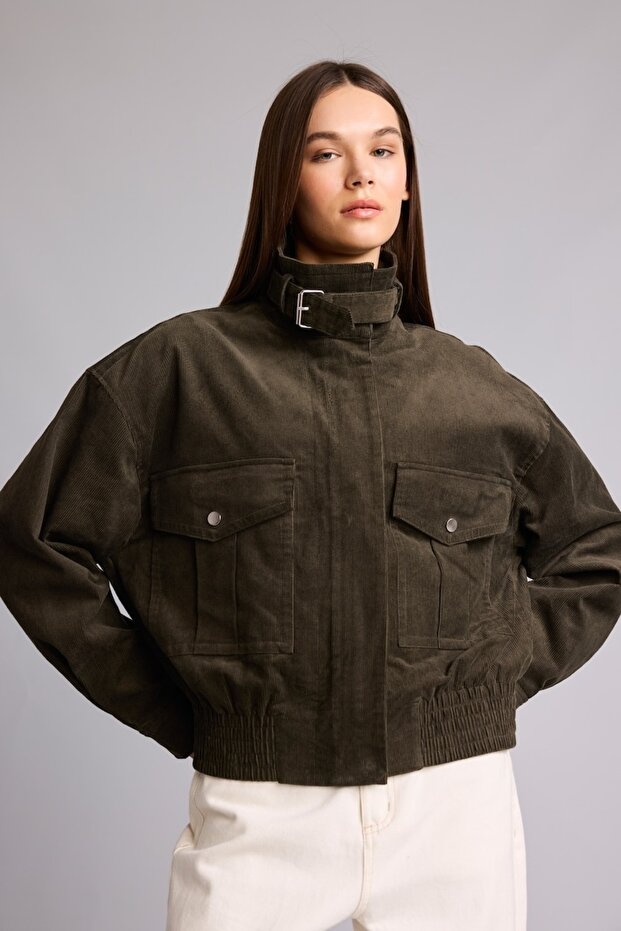 Buckle-Down Collar, Pocketed, Elastic Waist Cotton Coat H3824Ax26Au