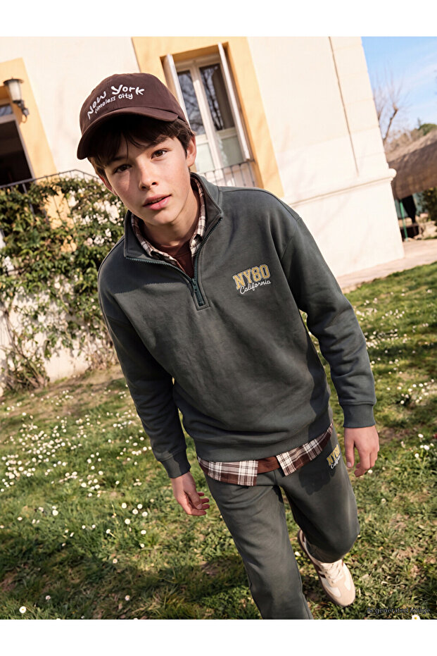 Peak New Season Green Stand Collar Printed Boys' Thick Sweatshirt