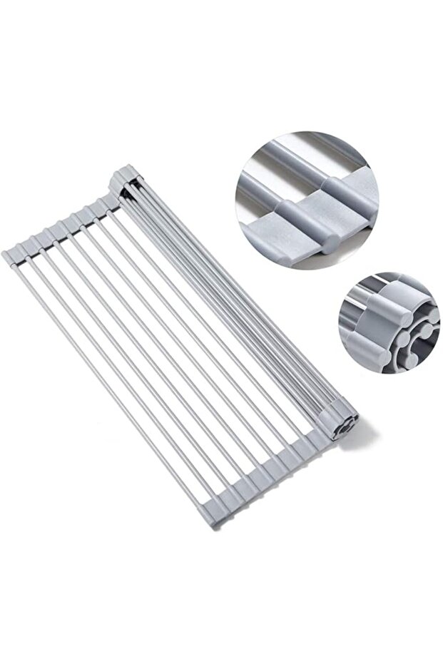 Roll Up Dish Drying Rack Over The Sink.Extra Large Foldable Kitchen Drainer,Fully Silicone Cover Sta