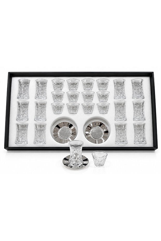Silver Plated Glass Tea Cup and Coffee Cup Set - 36 Pieces