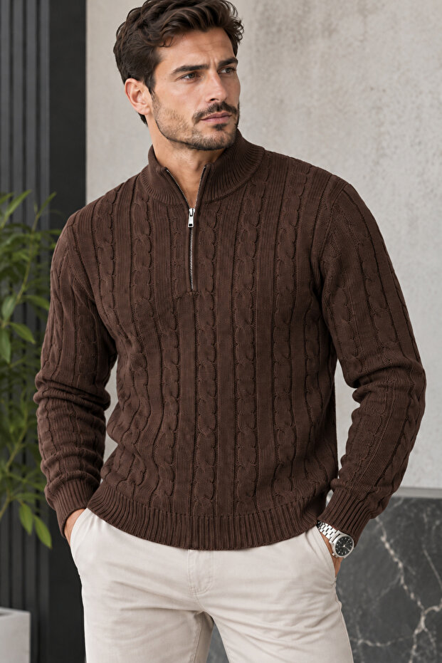 Men's Knitwear Sweater Half Zipper Turtleneck Knitted Patterned Long Sleeve Winter Sweater