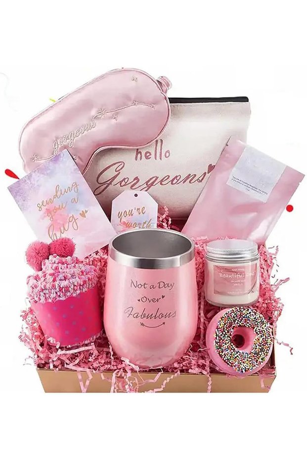 11-Piece Relaxing Spa Gift Set for Women,Scented Candle,Bath Bursts,12oz Insulated Tumbler,Sleep Mask,and Socks,Pink Style