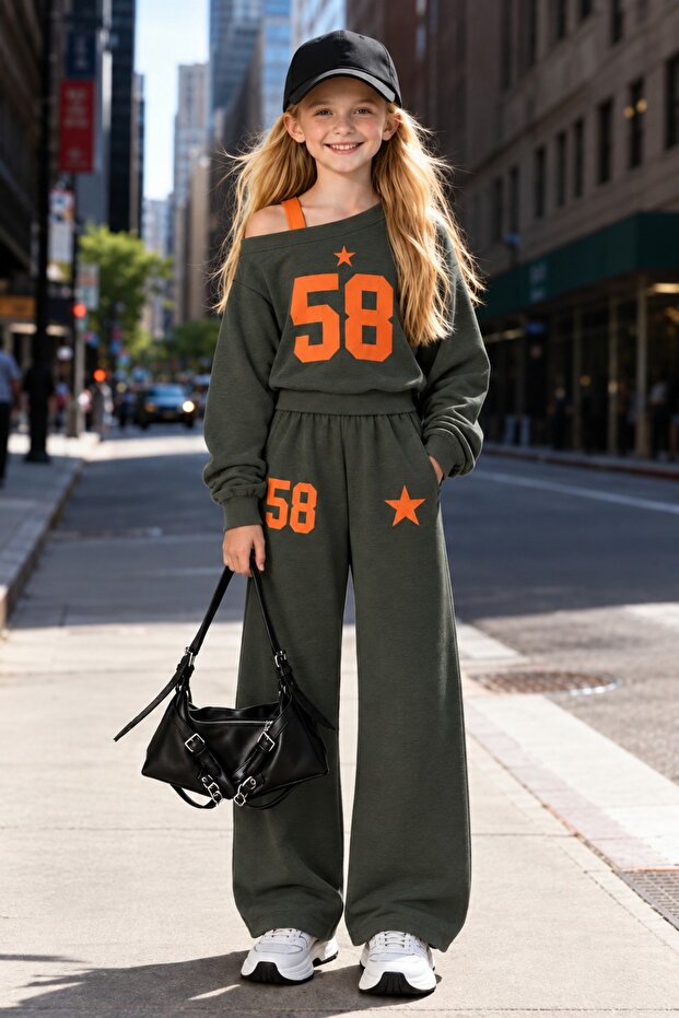 Girl's New 58 Printed Grimeleanj Strappy Boat Neck Sweatshirt-Sweatpants Top and Bottom Set
