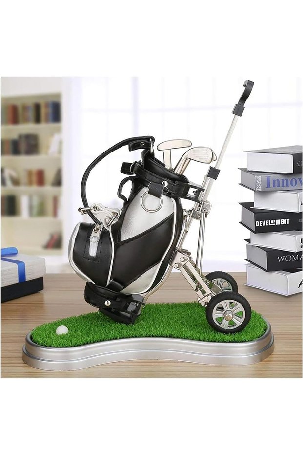 Golf Bag Pen Holder with 3 Club Ballpoint Pens,Movable Trolley Desk Organizer and Putting Green Base,Unique Office Decor Gift Set