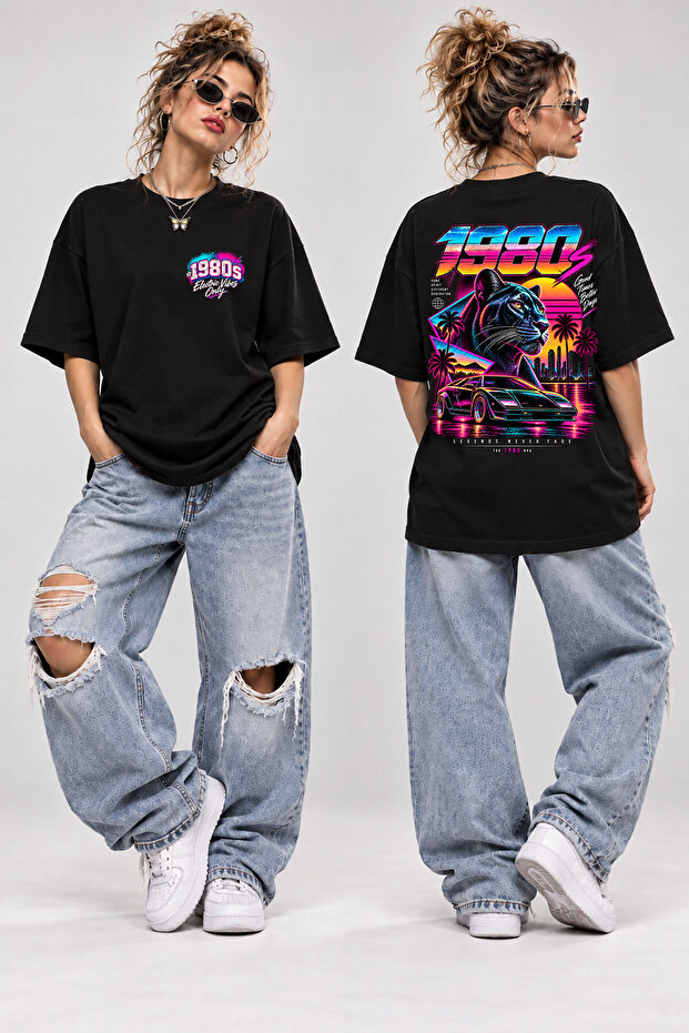 1980S Neon Panther Printed Oversize T-Shirt Unisex Retro Synthwave Large Back Print Streetwear Tee