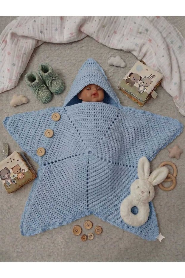 Hand Knitted Blue Color Star Baby Romper - Star Blanket