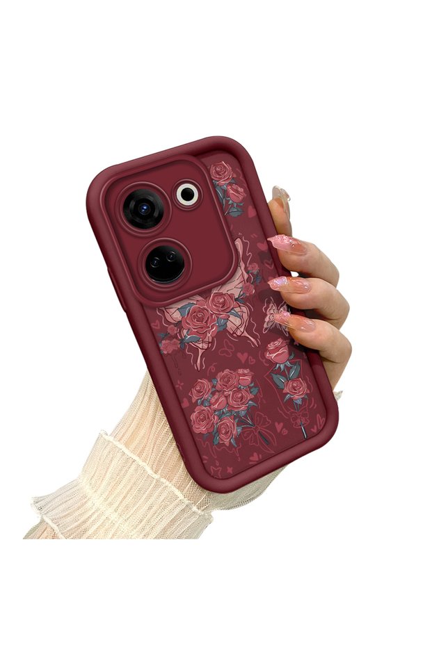 Tecno Camon 20 Compatible Rose Butterfly Case, Burgundy Background Romantic Heart Line Motif