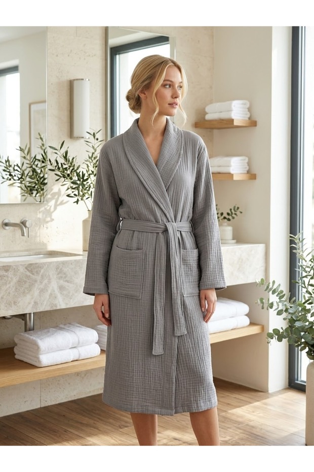 Shawl Collar 4 Layer Muslin Bathrobe - Unisex 100% Cotton Bathrobe