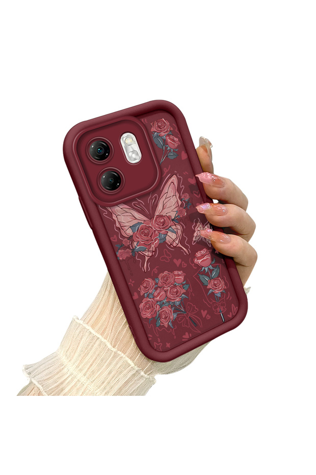 Infinix Hot 50I Compatible Rose Butterfly Case, Burgundy Background Romantic Heart Line Motif