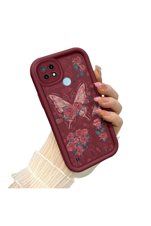 Realme C21 Compatible Rose Butterfly Case, Burgundy Background Romantic Heart Line Motif