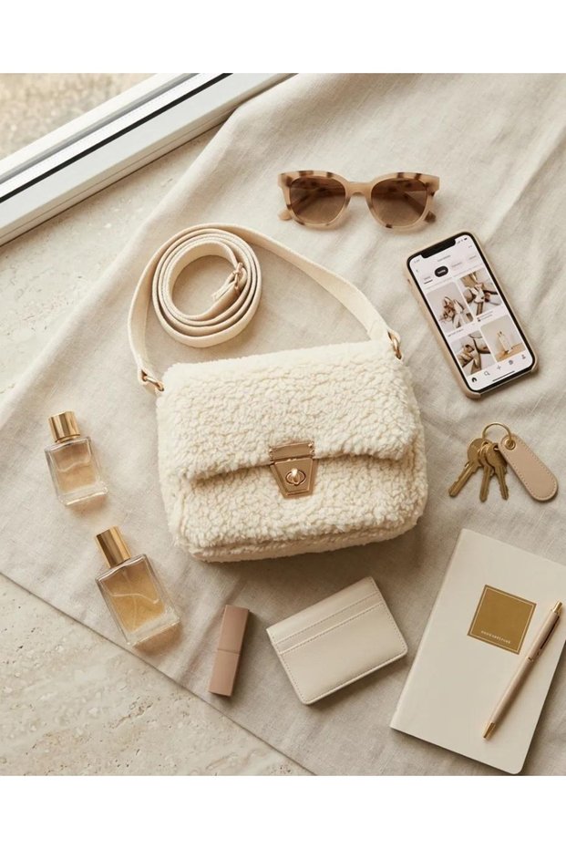 Cream-Colored Plush-Look Women's Shoulder Bag and Crossbody Bag, 18x14 cm, CANEDR08