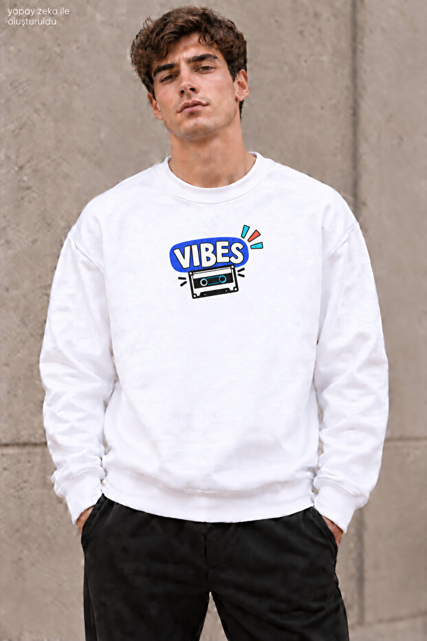 Men's Blue Vibes Written and Retro Cassette Printed Crew Neck Casual Regular Fit Sweatshirt