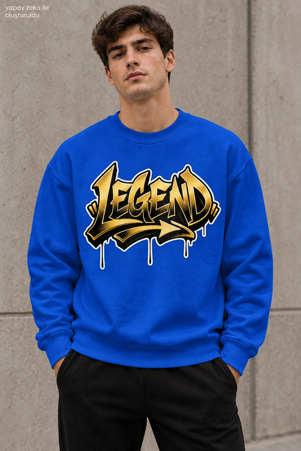 Men's Yellow Black Graffiti Lettering Legend Printed Crew Neck Casual Regular Fit Sweatshirt