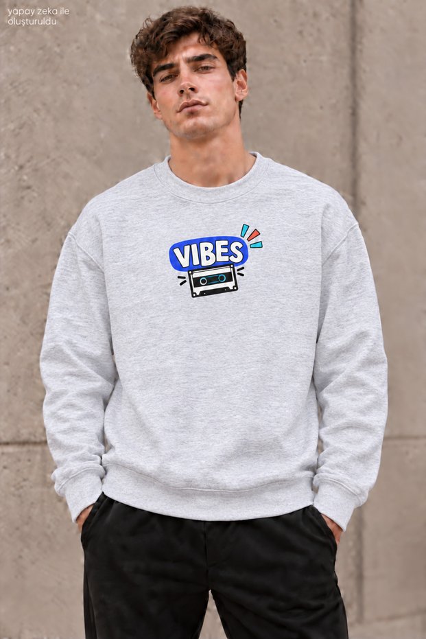 Men's Blue Vibes Written and Retro Cassette Printed Crew Neck Casual Regular Fit Sweatshirt