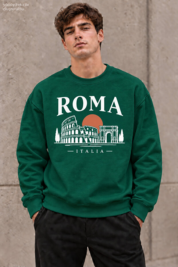 Men's Roma Italia Written and Printed Crew Neck Casual Regular Fit Sweatshirt