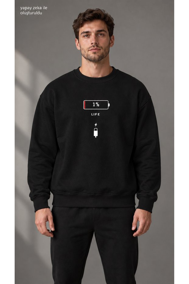Men's Low Battery Icon and 1% Life Text Printed Crew Neck Casual Regular Fit Sweatshirt