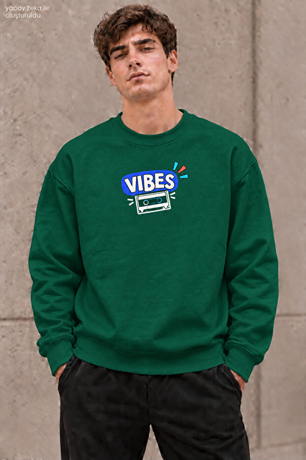 Men's Blue Vibes Written and Retro Cassette Printed Crew Neck Casual Regular Fit Sweatshirt
