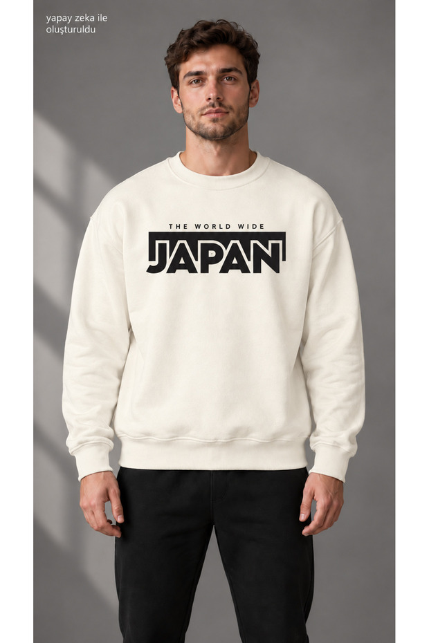 Men's Black Japan Text and Frame Printed Crew Neck Casual Regular Fit Sweatshirt