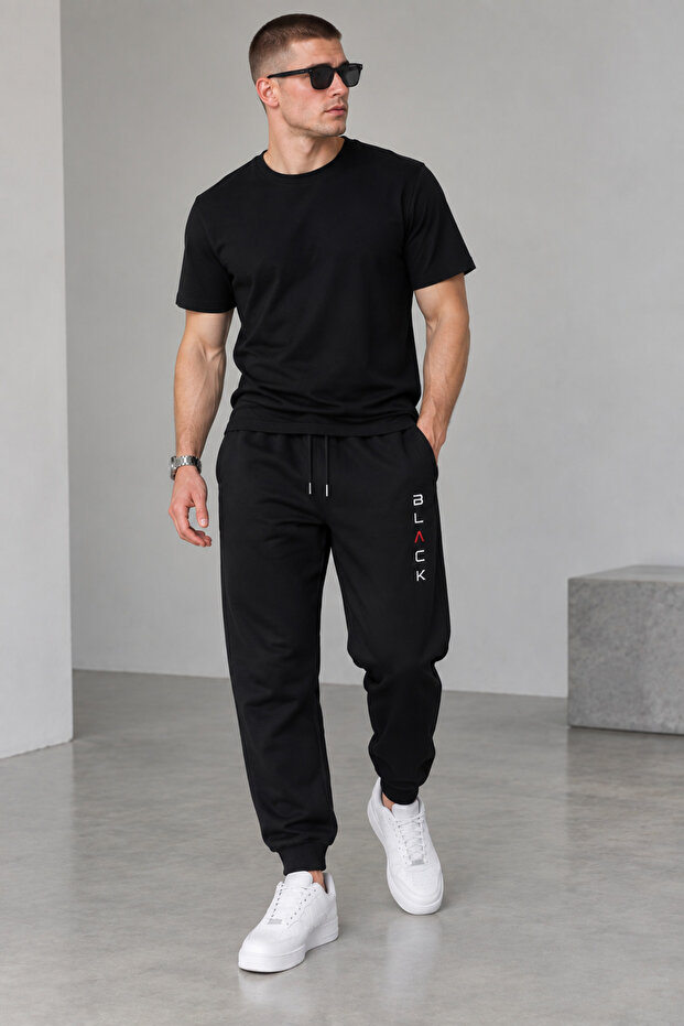 Men's Sweatpants - Black Printed Comfortable Sports Sweatpants with Elastic Cuffs