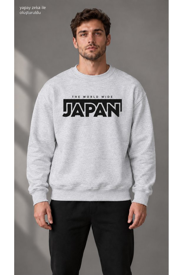 Men's Black Japan Text and Frame Printed Crew Neck Casual Regular Fit Sweatshirt