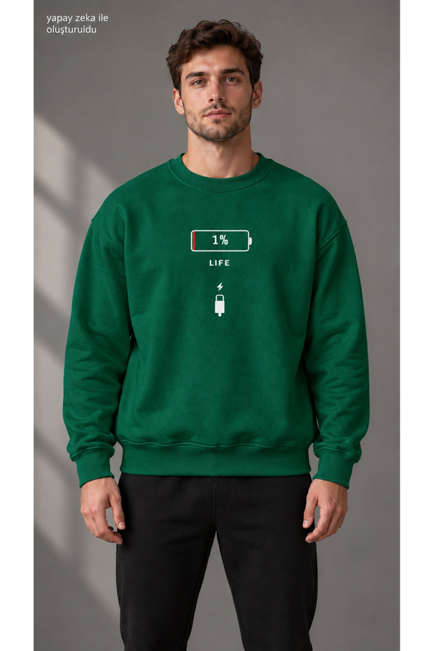 Men's Low Battery Icon and 1% Life Text Printed Crew Neck Casual Regular Fit Sweatshirt