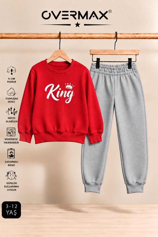 King Printed Kids' Tracksuit Set – Hoodless Sweatshirt & Sweatpants