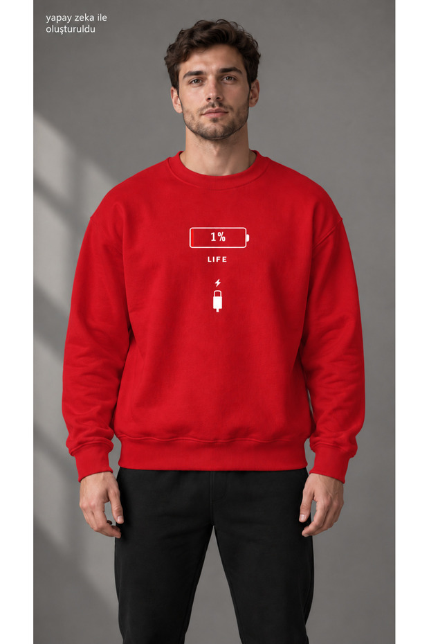 Men's Low Battery Icon and 1% Life Text Printed Crew Neck Casual Regular Fit Sweatshirt