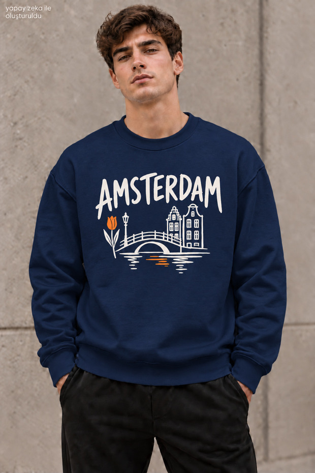 Men's Amsterdam Lettering and Bridge Print Crew Neck Casual Regular Fit Sweatshirt