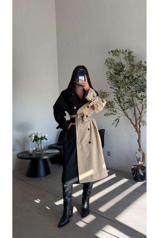 Black Beige Long Trench Coat