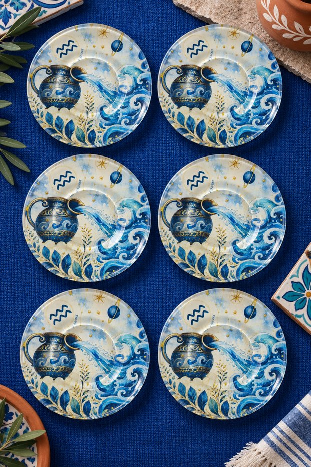 Set of 6 Glass Tea Plates – Aquarius Astrology Patterned 12 cm – 6 Tea Plates